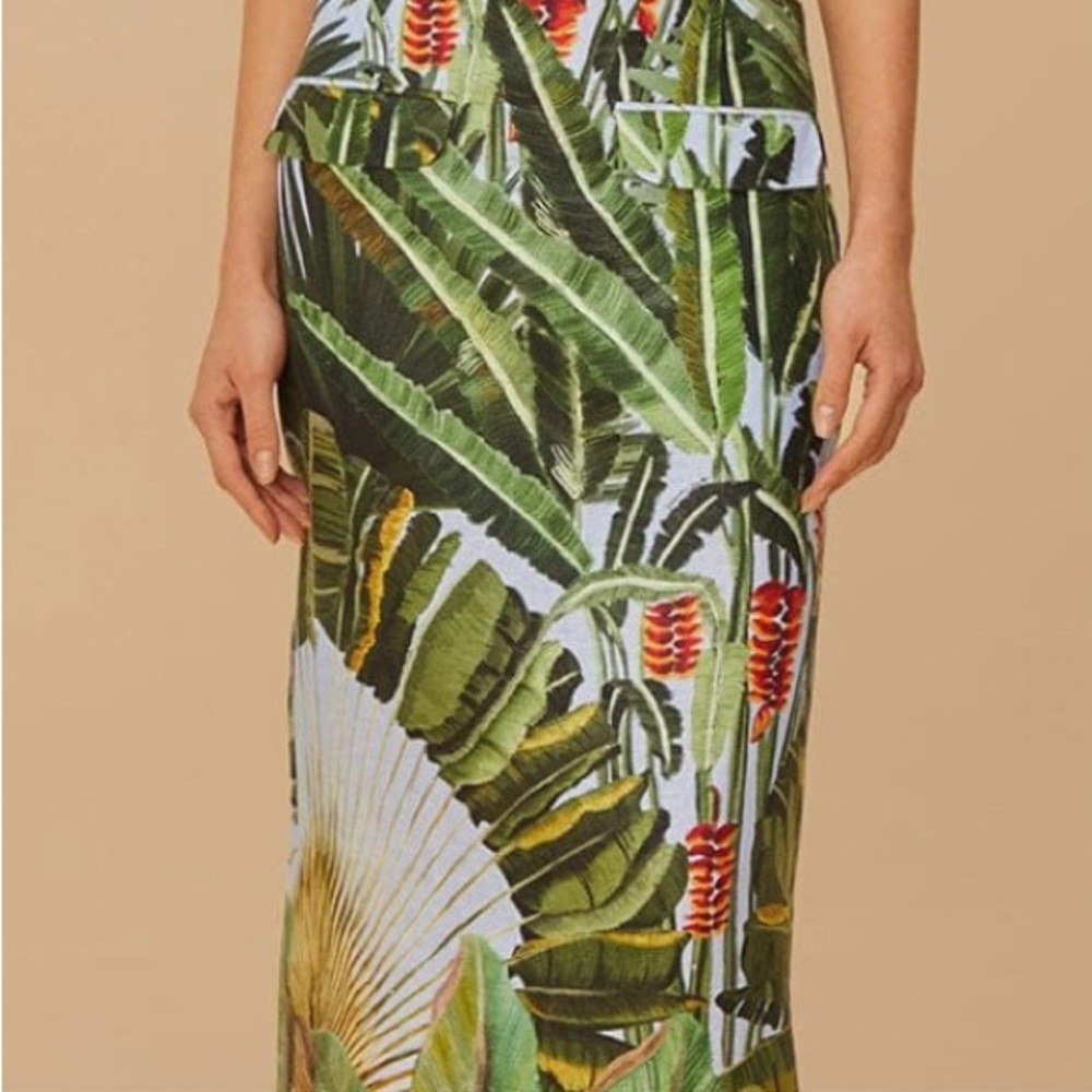 FARM Rio Green Tropical Print Midi Skirt